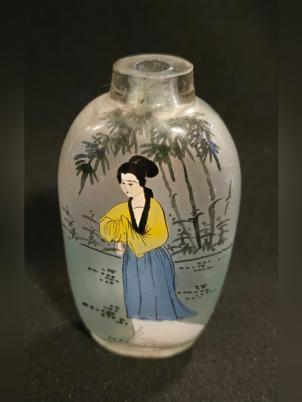 Hand-Painted Asian Woman Glass Snuff Bottle- Yellow & Blue